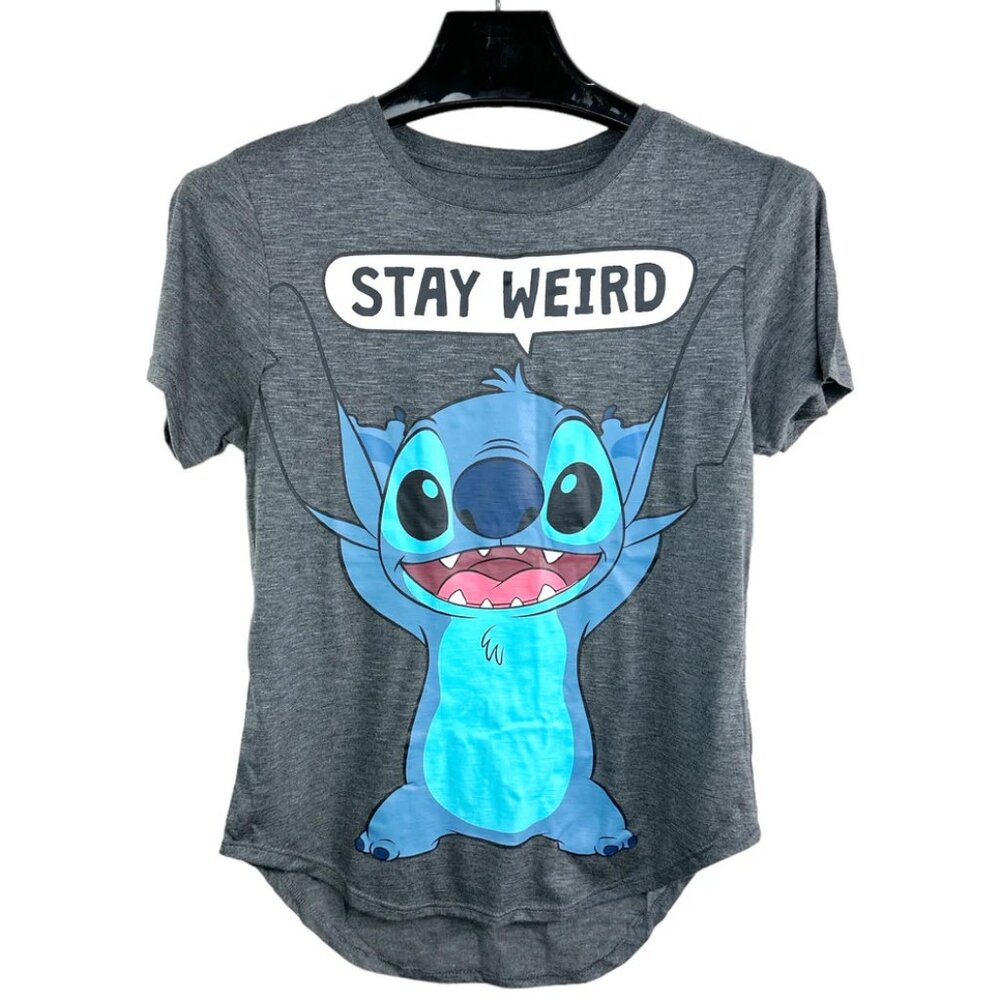 Disney Stitch “Stay Weird” Women’s/Juniors’ Graphic T-Shirt – Heather Gray